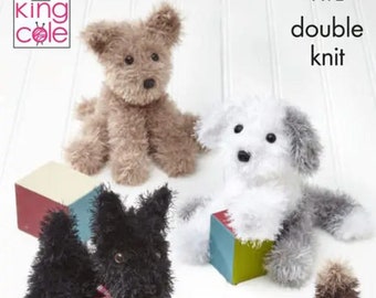 Dogs Toy Knitting Pattern, Sheepdog Labrador Scottie and Dachshund Puppy, King Cole Pattern 9172 in Moments DK Yarn, Printed Pattern Only