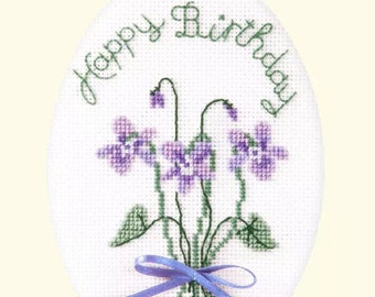 Cross Stitch Birthday Card Kit, Violets, Purple Floral Flowers, Card Making, Sewing Needlework Embroidery Gift, Bothy Threads