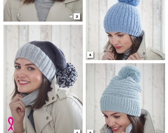 Ladies Hats Knitting Pattern, King Cole 5185, Timeless Chunky, Bobble Hat, Winter Accessories, Printed Pattern Only