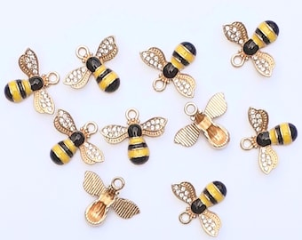 10 Small Metal and Enamel  Bee Charms for Crafts