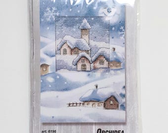 Christmas Church Cross Stitch Card Kit, Printed Aida Embroidery Kit, Snowy Winter Village,  DIY Handmade Christmas Greeting Card