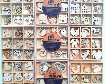 Small Wooden Shapes Blanks, 13 Themed Options with 9 Designs, Baby Hearts Houses, Scrapbooking Home Decor