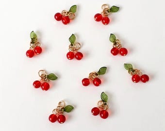 10 Small Red Cherry and Leaf Acrylic Charms for Crafts