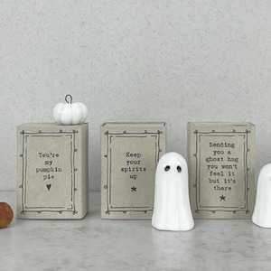 May include: Three small boxes with different Halloween-themed messages. The boxes are decorated with a white pumpkin and two white ghosts. The messages on the boxes read: "You're my pumpkin pie", "Keep your spirits up", and "Sending you a ghost hug you won't feel it but it's there".