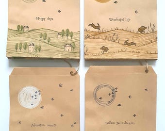 25 Small Brown Paper Bags, Seasonal Printed Gift Wrap, Decorative Spring Summer Packaging