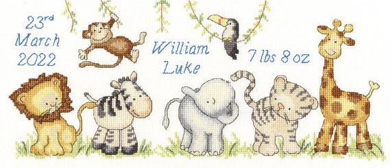 New Baby Cross Stitch Kit, Jungle Welcome, Boy or Girl Birth Sampler, Cute  Baby Animals, Sewing Needlework Embroidery Gift, Baby Shower