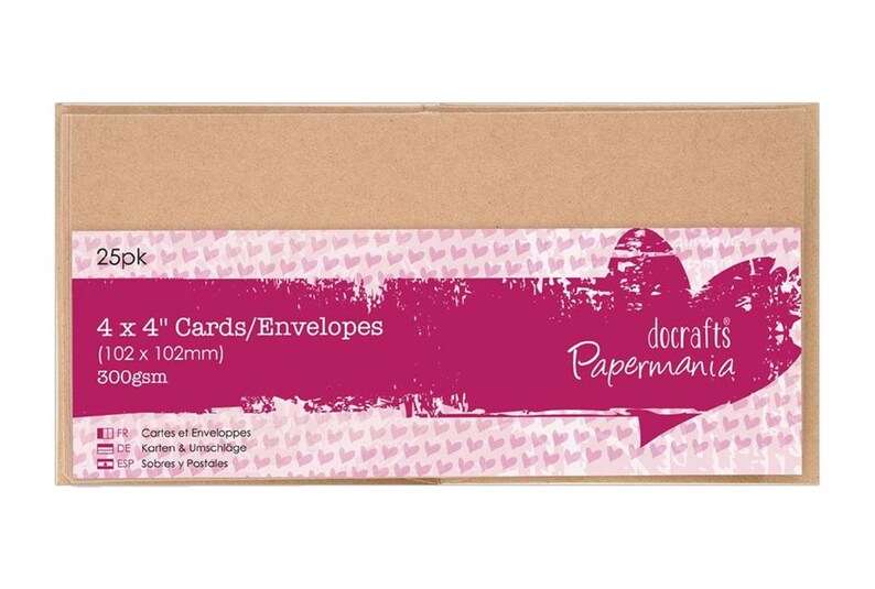 May include: A package of 25 cards and envelopes, each measuring 4 x 4 inches. The packaging is a light brown color with a magenta label that includes the text "docrafts Papermania". The label also indicates the cards are 300gsm.