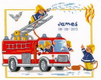 New Baby Cross Stitch Kit, Fire Engine, Boy or Girl Birth Sampler, Fire Fighter, Sewing Needlework Embroidery Gift, Baby Shower, Christmas
