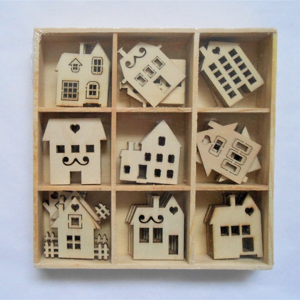 Small Wooden Shapes, Houses Cottages, New Home, Christmas Cut Outs, Card Making Scrapbooking Decoration, 45 Pieces