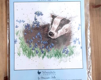 Bothy Threads Bluebell Wood Cross Stitch Kit - Wrendale Badger by Hannah Dale - Discontinued Rare Counted Needlework