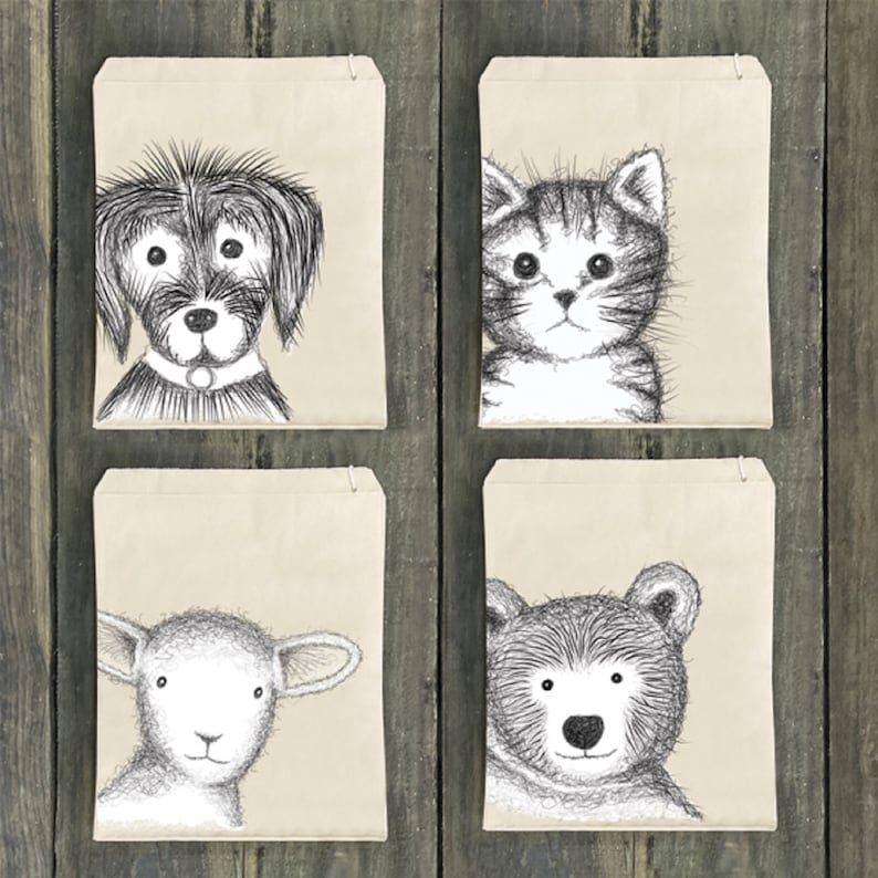 25 Kraft Paper Bags, Cat Dog Sheep Bear, Medium Brown Counter Bags, Baby Animals Pets, Wedding Party Favours, Gift Wrap, East of India Mixed (4 Designs)