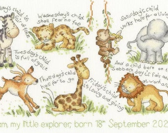 New Baby Cross Stitch Kit, Monday's Child, Boy or Girl Birth Sampler, Cute Jungle Animals, Sewing Needlework Embroidery Gift, Baby Shower