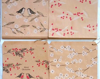25 Kraft Paper Bags, Medium Brown Counter Bags, Birds Berries Blossom Robin, Decorative Packaging