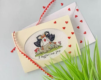 Cross Stitch Card Kit, I Puffin Love You, Card Making, Birds Sewing Needlework Embroidery Gift, Bothy Threads, Birthday Christmas Valentine