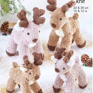 May include: Four knitted reindeer toys in shades of brown and pink, with dark brown antlers and hooves. The toys are approximately 25 to 30 cm tall. The image includes text that says "double knit".