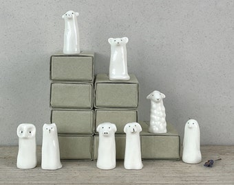 Matchbox Mini Porcelain Tall Animal, Bear Cat Dog Mouse Owl Penguin Pig Sheep, Collectable Ornament, Birthday Christmas Gift