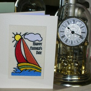 A new machine embroidered hand finished Fathers Day card - Yacht - Sailing .