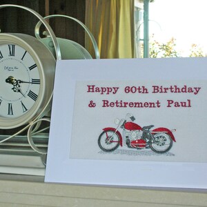 Une nouvelle carte finie à la main brodée à la machine - Moto - commandes spéciales anniversaire / retraite - ajoutez votre propre texte . (C112)