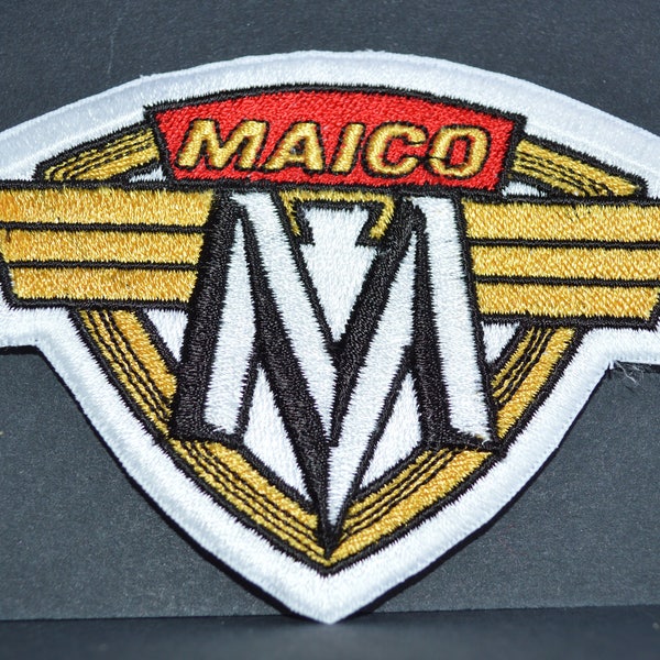 A new machine embroidered hand finished cloth badge - Maico motorcycles .