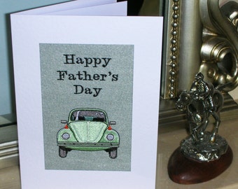 A new machine embroidered hand finished Fathers Day card -- Vintage Beetle