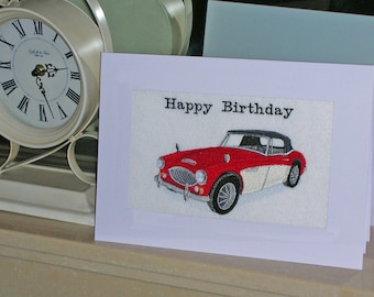 A large machine embroidered  hand finished quality birthday card -  1960's Austin Healey sports car.(C85)