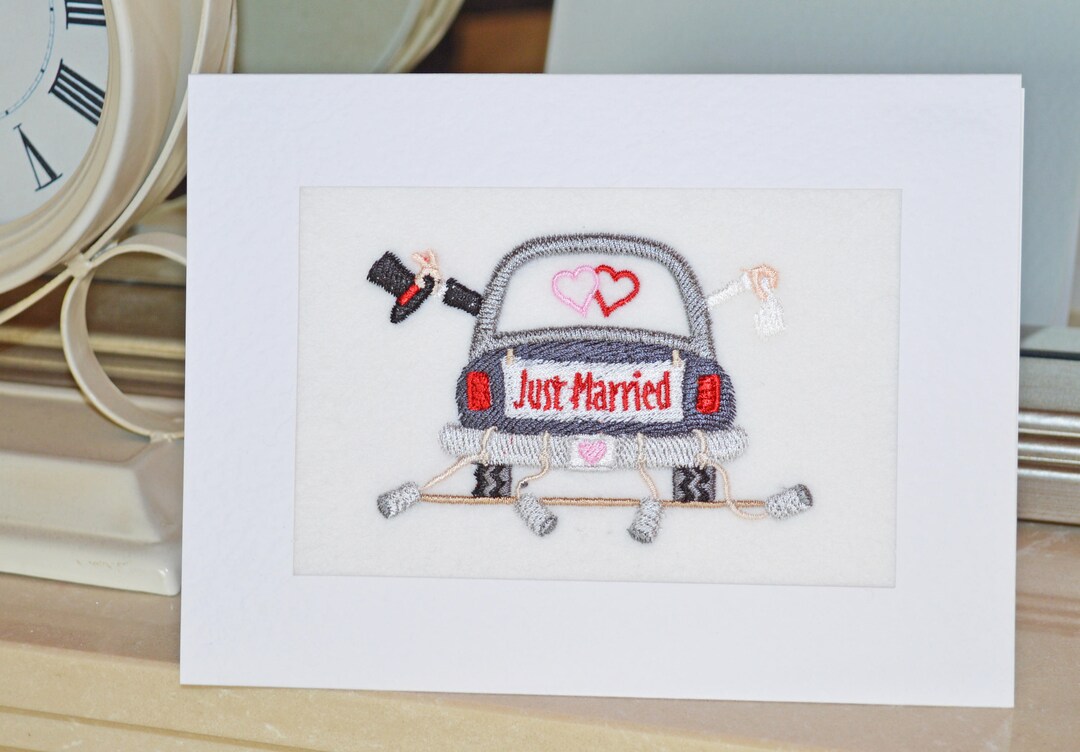 A New Embroidered Wedding Card Bride and Groom in Car. - Etsy