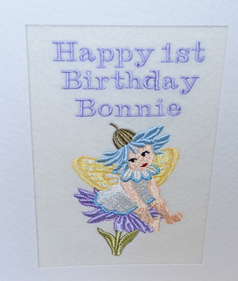 A New Machine Embroidered Hand Finished Birthday Card Fairy.Add A Christian Name. image 2