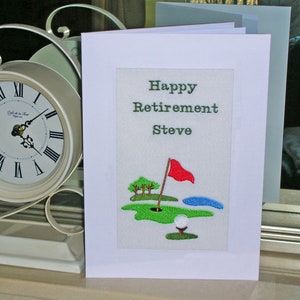 Une nouvelle carte brodée à la main - Retirement Golf - - commandes spéciales - ajoutez votre propre texte . (C117)