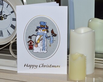Machine embroidered  hand finished christmas card - Snowman with bird and bird house