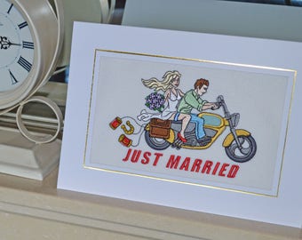 A new embroidered Wedding Card -- Just Married -- Motorcycle .