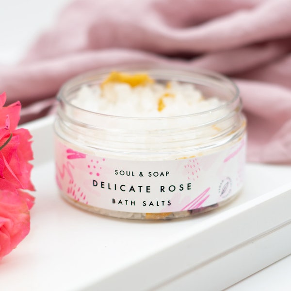 Delicate Rose Bath Salts Natural Bath Soak Pamper Gift Botanical Bath Soak Spa Relaxation Handmade Natural Herbal Bath Vegan Detox Epsom