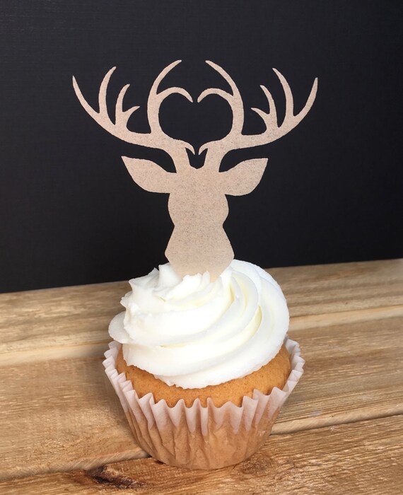 Deer Head Antlers Country Wedding Baby Shower 12 Cupcake Toppers