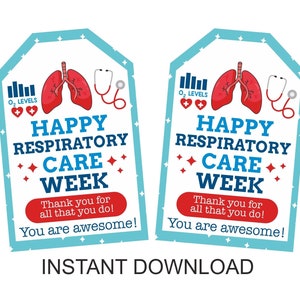 May include: Two identical gift tags with a blue border and the text "Happy Respiratory Care Week." Each tag features a red lung illustration, a stethoscope, and the words "Thank you for all that you do! You are awesome!"