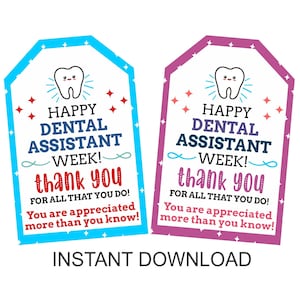Etiquetas de agradecimento da semana do assistente dentário para impressão / etiqueta de presente da semana feliz do assistente dentário / lembrancinhas para presentes do assistente dentário / 2 CORES / PDF