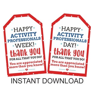 Activity Professional appreciation tag printable / Activity Professionals Week tags / Activity Professional Day tags printable / 2 DESIGNS