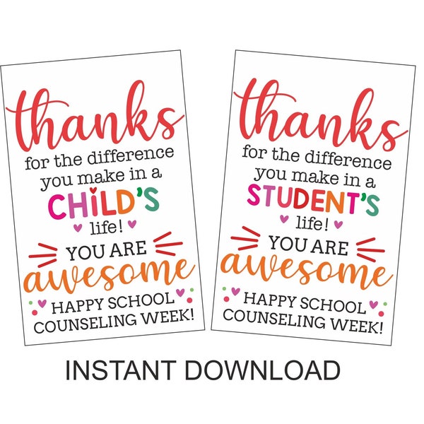 School Counselor gift tag printable / School Counselor appreciation week tags / 2 DESIGNS / PDF