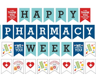 Könnte beinhalten: Ein Banner-Design für die Apothekenwoche. Die Worte "HAPPY PHARMACY WEEK" sind auf blauen und türkisfarbenen Wimpeln zu sehen. Zusätzliche Banner zeigen "A BIG THANK YOU" und "WE APPRECIATE YOU!" mit medizinischen Grafiken.