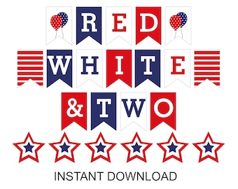 Banner imprimible de rojo, blanco y dos / Decoraciones de cumpleaños de rojo, blanco y dos / Decoración de rojo, blanco y azul / Decoración de fiesta de rojo, blanco y dos / PDF