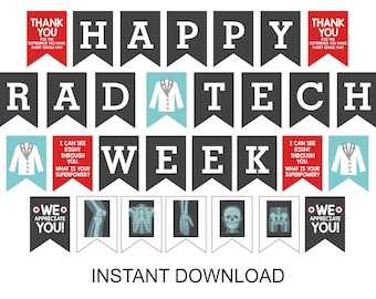 Könnte beinhalten: Ein Banner mit den Worten "HAPPY RAD TECH WEEK" in Schwarz und Weiß, mit medizinischen Bildern und Text. Das Banner enthält die Sätze "Thank You" und "We Appreciate You!" und "Instant Download."
