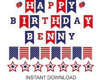 Happy Birthday Banner Red White And Blue Personalized Red White And Blue Birthday Banner Printable / - Etsy