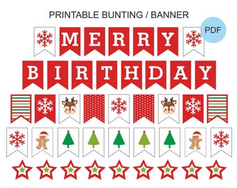 Merry Birthday banner printable / Christmas birthday banner printable / Merry Birthday bunting / Christmas birthday decorations / PDF