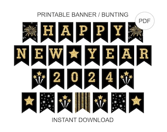 Bannière de bonne année 2024, or et noir Fête du Nouvel An 2024, Décoration  de vacances PDF imprimable, Téléchargement instantané -  France