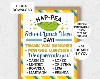 Cartel personalizado del día del héroe del almuerzo escolar imprimible / Signo del día del héroe del almuerzo escolar / Día de apreciación de la señora del almuerzo escolar / signo de agradecimiento