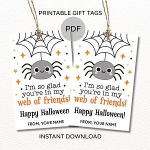 May include: Two rectangular white gift tags with twine loops featuring a gray spider hanging from a black web. The text reads: I'm so glad you're in my web of friends! Happy Halloween! FROM, YOUR NAME. Orange and green stars surround the spider.