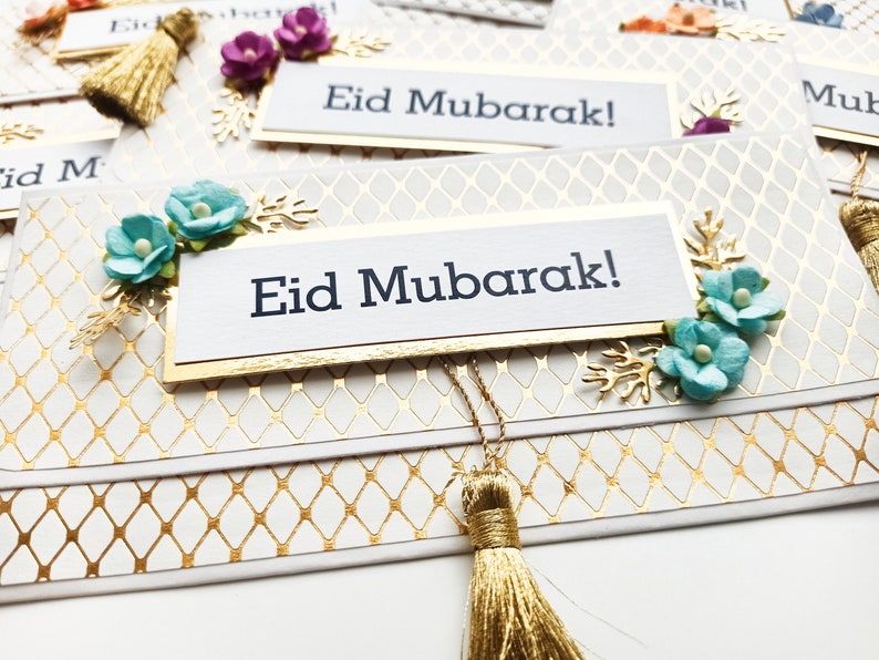 6 White and Gold Eid Cash envelopes with flowers and golden tassel / Set of 6 / Handmade Eid gift envelopes zdjęcie 4