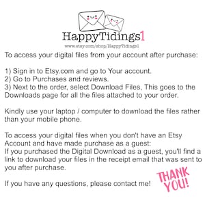 K&ouml;nnte beinhalten: Anweisungen zum Zugriff auf digitale Dateien, die auf Etsy.com gekauft wurden. Der Text enth&auml;lt Informationen zum Herunterladen von Dateien aus Ihrem Konto nach dem Kauf, zum Herunterladen von Dateien als Gast und zur Kontaktaufnahme mit dem Verk&auml;ufer, wenn Sie Fragen haben. Der Text ist in einem freundlichen und hilfreichen Ton verfasst.