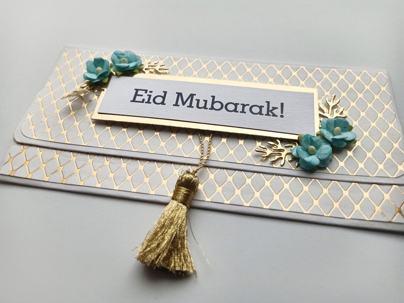 6 White and Gold Eid Cash envelopes with flowers and golden tassel / Set of 6 / Handmade Eid gift envelopes zdjęcie 10