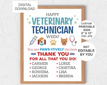 May include: A framed print with a light wood-colored frame. The print features text that reads "Happy Veterinary Technician Week!" with colorful graphics of a syringe, dog, paw print, cat, and stethoscope. The print is 8" x 10" and is a digital download.