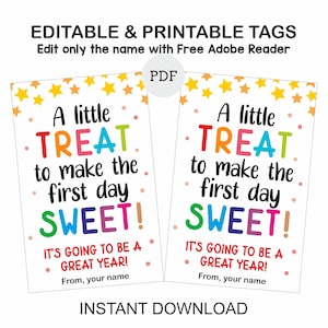 Terug naar school traktatie-tag afdrukbaar / terug naar school-tags / Back to school-tags cookies / First day of school traktatie-tag / bewerkbaar / pdf