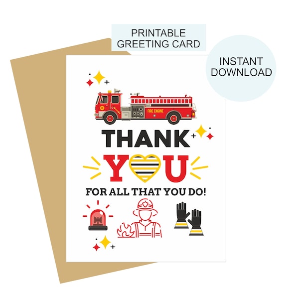 Firefighter card printable / Firefighter thank you card / Firefighter appreciation card / Firefighter gift / Fireman card / PDF